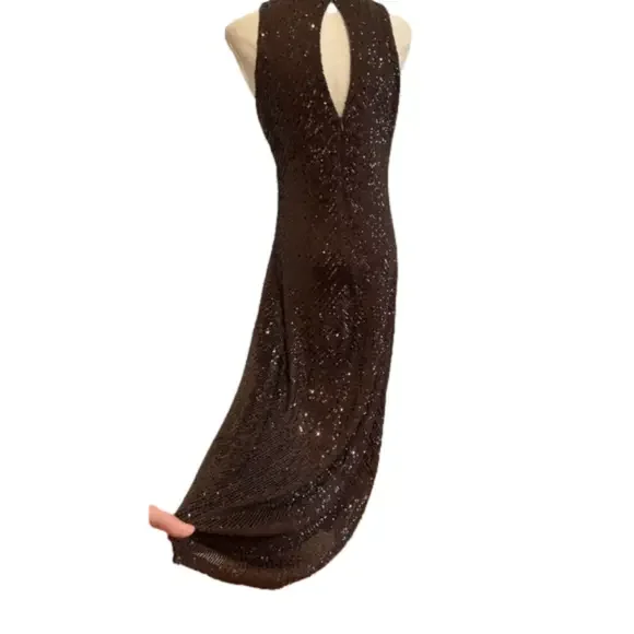 Y2K BROWN SEQUIN MAXI DRESS W KEYHOLE BACK GLAMOROUS GOWN MINIMALIST STYLE M - Picture 5 of 12